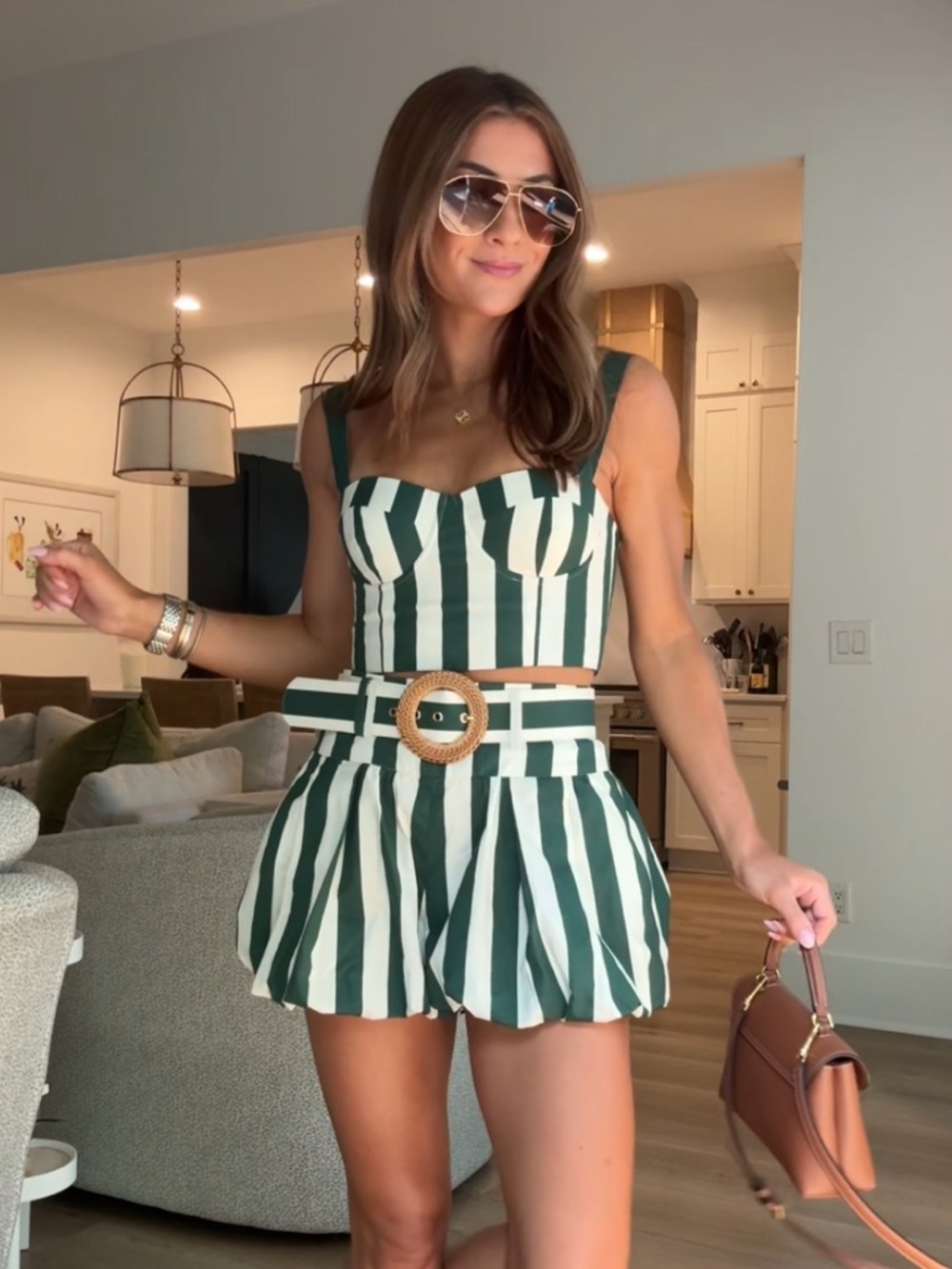 Cara Cara Green & White Striped Two-Piece Set with Woven Belt